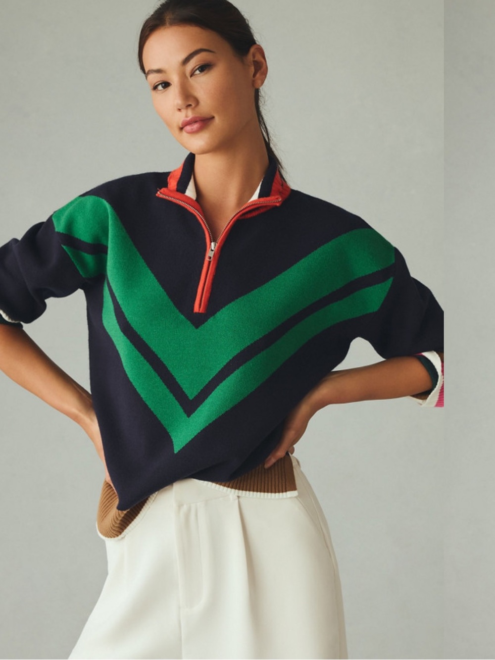 Maeve Varsity Colorblock Halfzip- Navy Zip Pullover with Red and Green Accents